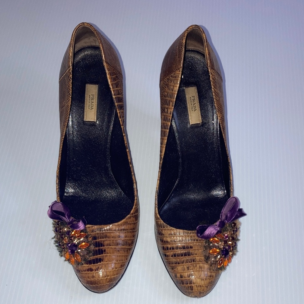 RARE PRADA Bejeweled Snakeskin High Heeled Shoe Velvet Bow Size 38 Y2K Vintage